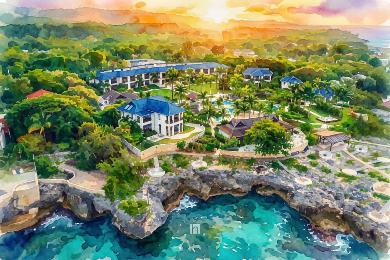 Watercolor of The Cliff Hotel and Spa set into the cliffs above the Caribbean in Negril, Jamaica